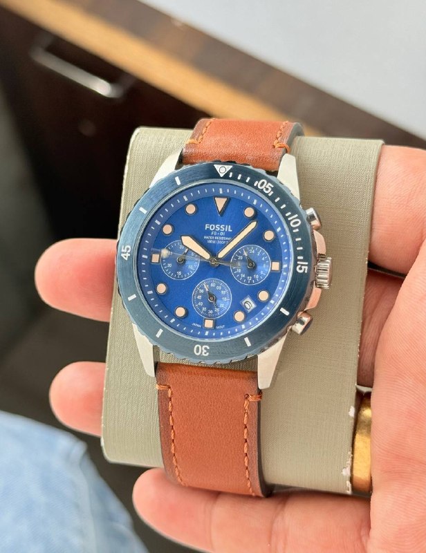 Done Fossil FB-01 Style Men's Watch - 42MM Blue Dial with Brown Leather Strap