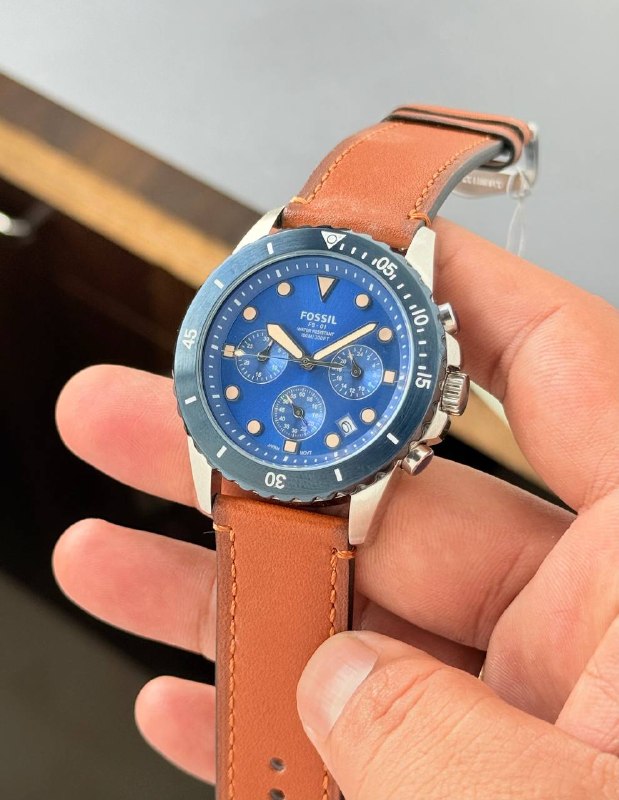 Done Fossil FB-01 Style Men's Watch - 42MM Blue Dial with Brown Leather Strap