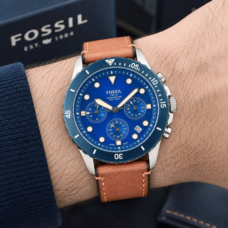 Done Fossil FB-01 Style Men's Watch - 42MM Blue Dial with Brown Leather Strap