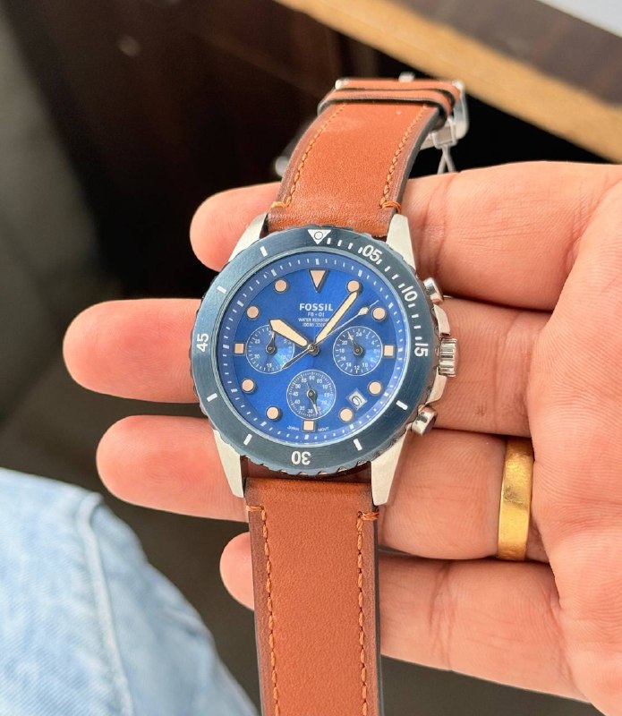 Done Fossil FB-01 Style Men's Watch - 42MM Blue Dial with Brown Leather Strap