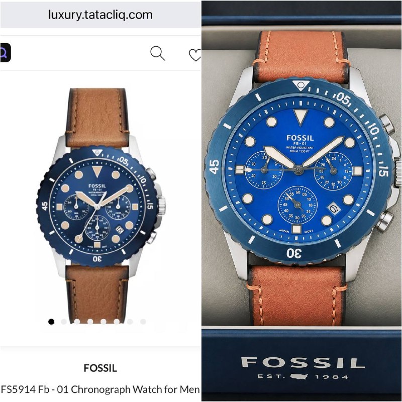 Done Fossil FB-01 Style Men's Watch - 42MM Blue Dial with Brown Leather Strap