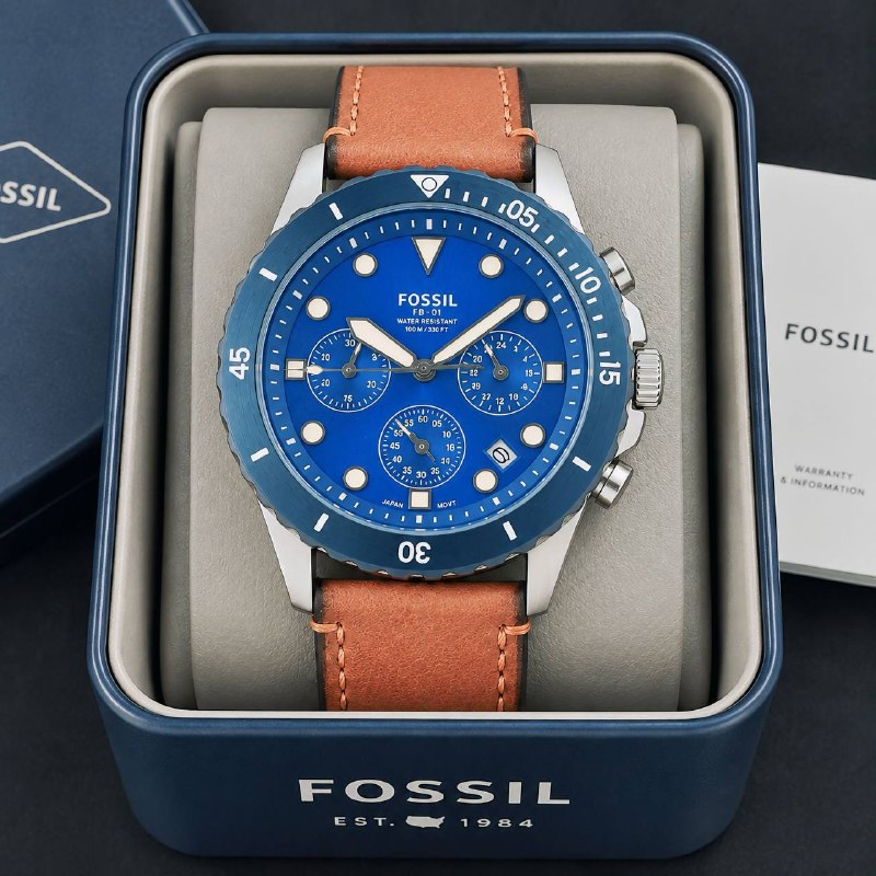 Done Fossil FB-01 Style Men's Watch - 42MM Blue Dial with Brown Leather Strap